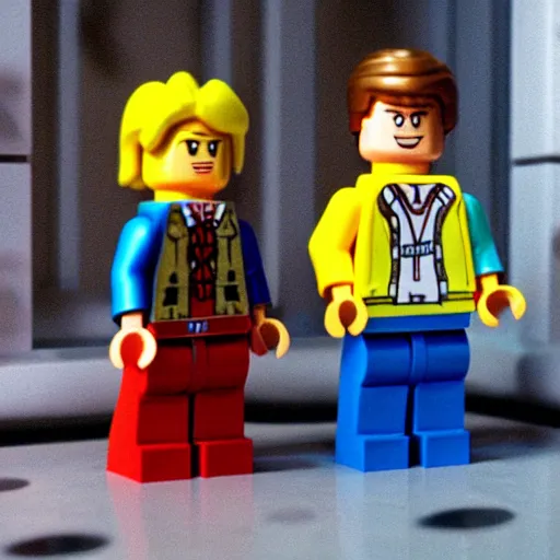Prompt: Marty McFly and Doc Brown at the clocktower with lightning in Lego Back to the Future movie
