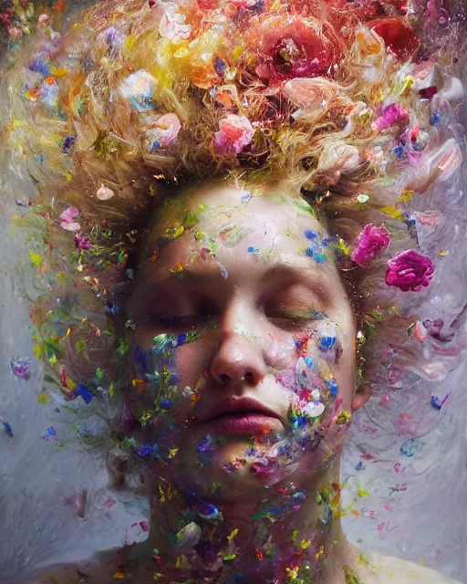Prompt: Flower storm portrait, vortex of petals and radiant light, in the style of Jenny Saville and tony sart, oil on canvas, impressionistic brushwork