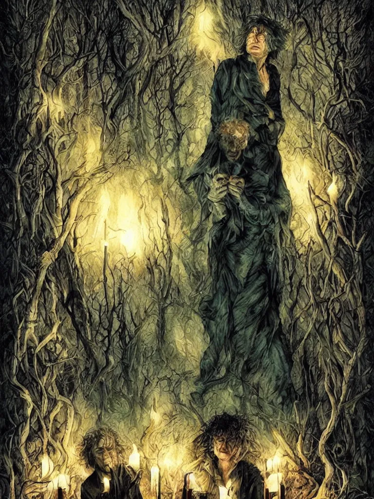 Image similar to neil gaiman sandman surrounded by candles in a deserted forest by lee bermejo and greg rutkowski in vivid color scheme