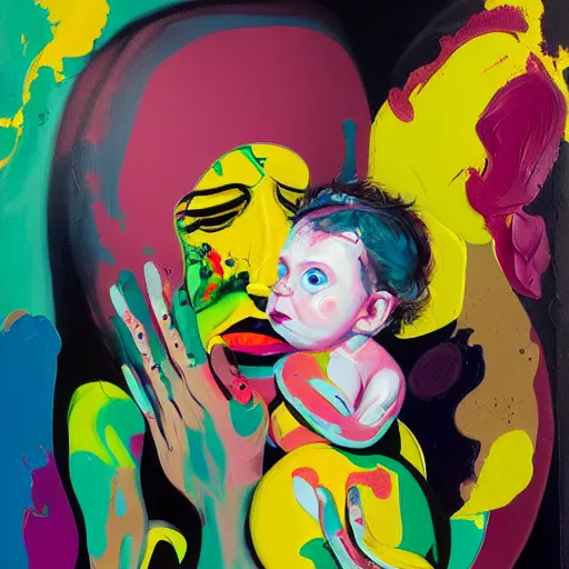 Image similar to woman holding a baby, an ultrafine detailed painting by peter max and francis bacon and fiona rae and hernan bas and anna mond, featured on deviantart, metaphysical painting, pop surrealism, melting paint, biomorphic, mixed media, photorealistic, dripping paint, palette knife texture, masterpiece