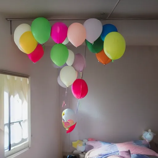 Image similar to japanese paper balloons hanging above a child's bed in their bedroom. dark room with light spilling in from the window