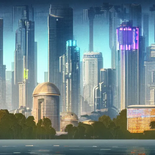 Prompt: detailed photo of a beautiful skyline with cyberpunk Art Deco buildings, parks and a lake monument in the distance-n 9