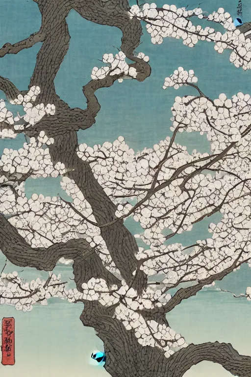 Image similar to white cat in sakura tree in the style of Utagawa Hiroshige, high resolution 4k