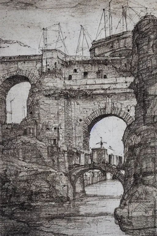 Image similar to trajan's bridge, also called bridge of apollodorus over the danube, sketch made by leonardo davinci, super detailed sketch, amazing details, ancient parchment,