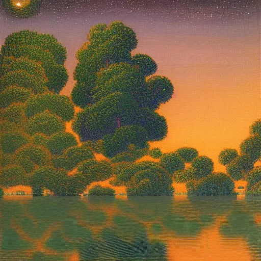 Prompt: night sky reflected in the water, landscape pixel art by maxfield - parrish