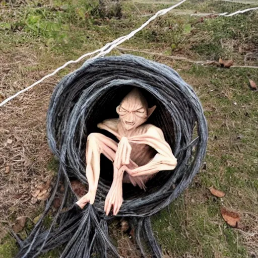 Image similar to Gollum sat on the twine, stretching