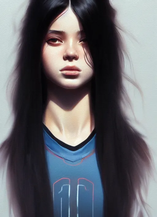 Prompt: ultradetailed beautiful painting of a stylish young lady wearing a sport top, dramatic, she has black long hair, distressed, volumetric light, full body portrait by greg rutkowski, ilya kuvshinov, james jean, makoto shinkai, on artstation