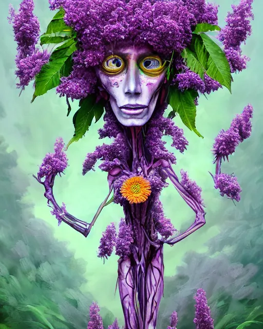 Image similar to Haunting horrifying detailed painting of a tall skinny extraterrestrial flower monster made of lilacs, roses, lilies and daffodils, light leak, spectrum, and bloodshot eyeballs, hyper detailed, trending on Artstation