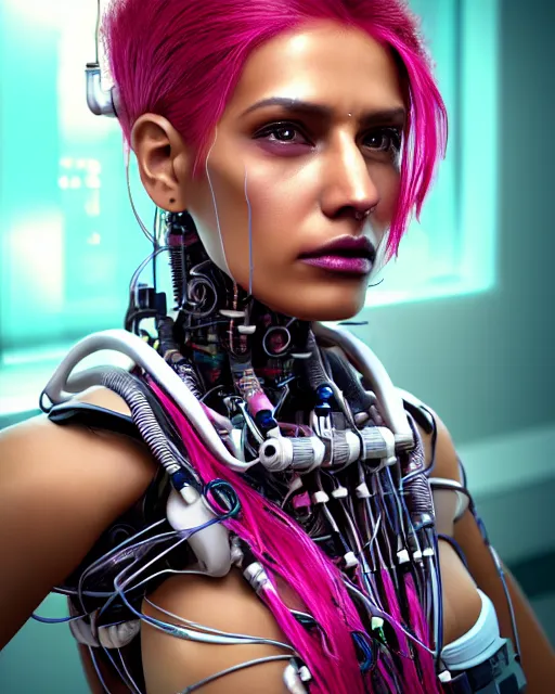 Image similar to portrait of a beautiful brown woman with pink hair as a cyberpunk cyborg half robot, revealing wires and electronics, hooked - up, sci - fi, missing panels, intricate abstract upper body intricate artwork, concept art, octane render, deviantart, cinematic, key art, hyperrealism, iridescent accents, portrait photograph, nikon 3 5 mm, photograph by greg rutkowski