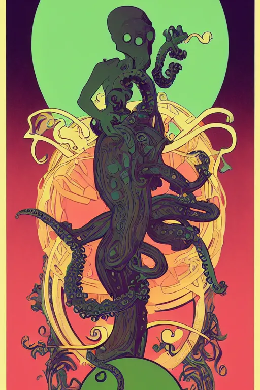 Prompt: a movie poster for the film (green monster octopus) by Tom Whalen, by Alphonse Mucha, highly detailed, fantasy, artstation