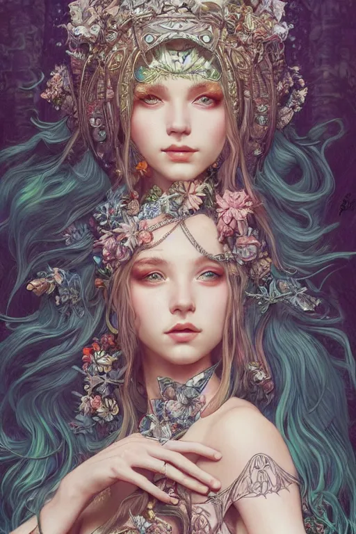 Image similar to Billie Ellish Goddess, cute, fantasy, intricate, elegant, highly detailed, digital painting, 4k, HDR, concept art, smooth, sharp focus, illustration, art by artgerm and H R Giger and alphonse mucha