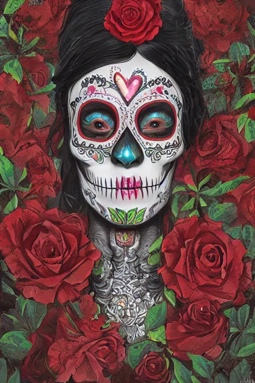 Prompt: Illustration of a sugar skull day of the dead girl, art by Eddie Mendoza