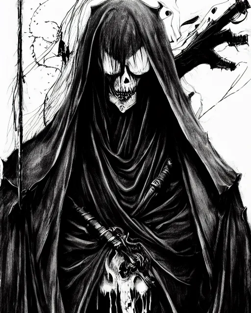 Prompt: the grim reaper, monochrome, dramatic, deviantart, by tsutomu nihei