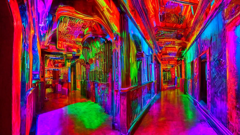 Prompt: detailed photograph of a extremely narrow nightclub hallway, neon colors, aztec architecture