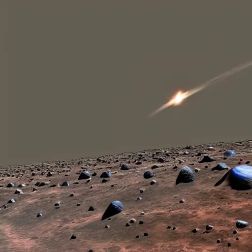 Image similar to planet mars colliding with planet earth creating a huge crater spitting out debris to space and several small asteroids start flying around in space, stars in the background, moon is visible, sun is not visible