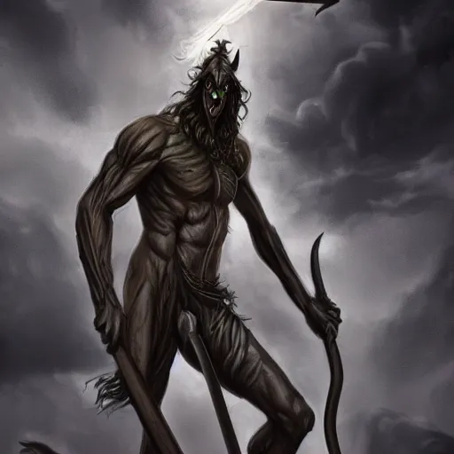 Prompt: towering male undead centaur god with spear looking down at the camera, dramatic lighting, upshot, curly dark hair, huge curving horns, satyr, faun, furred clydestale, fantasy artstation, cgsociety, anatomical, 8 k, magical, award winning cinematography