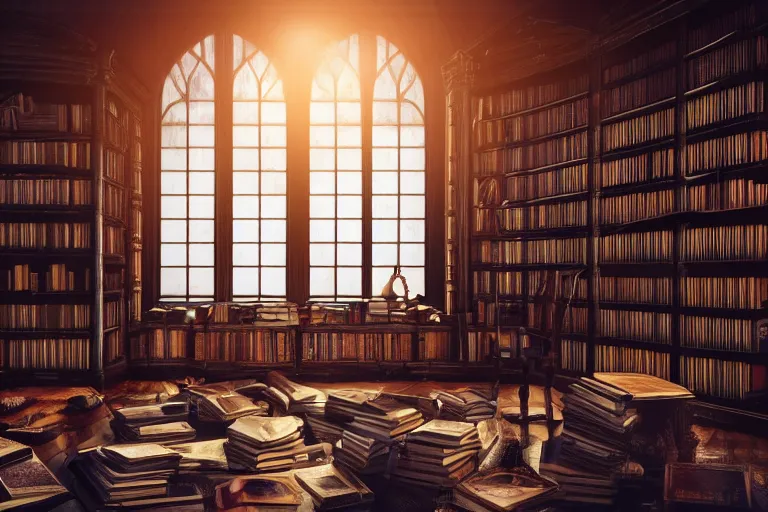 Prompt: interior of an elvish library with tall windowpane, shelves full of ancient books, cinematic, Golden hour, candele light, fantasy! hyperrealistic, detailed, 4k, magic