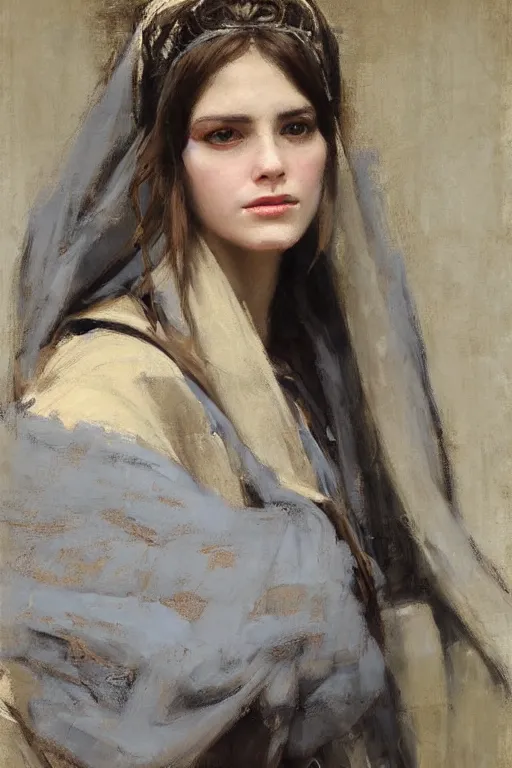 Image similar to Richard Schmid and Jeremy Lipking and Brom full length portrait painting of a young beautiful priestess woman