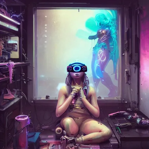 Image similar to portrait of a beautiful cybernetic raver girl wearing a oculus rift headset in a dirty japanese apartment, cyberpunk concept art by pete mohrbacher and artgerm and wlop and greg rutkowski, digital art, highly detailed, intricate, sci-fi, neon colors, sharp focus, Trending on Artstation HQ, deviantart, unreal engine 5, 4K UHD image