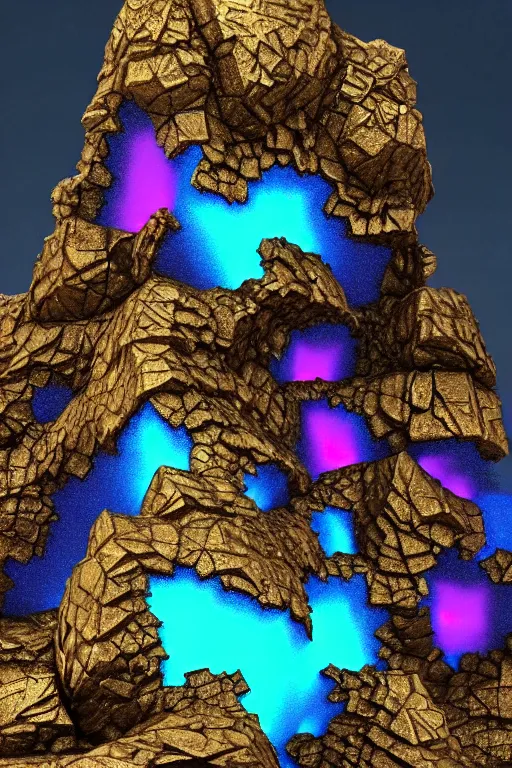 Image similar to concept art of totally fractal bismuth rock giant golem : : patterns rainbow bismuth fractalization : : extremely high details, masterpiece, photorealistic, hyperrealism, vray, octane render, volumetric lighting, depth of field, bokeh, artstation, cgsociety by elyse graham, johannen voss, greg broadmore