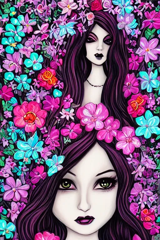 Image similar to gothic barbie with flowers painted by jeremiah ketner