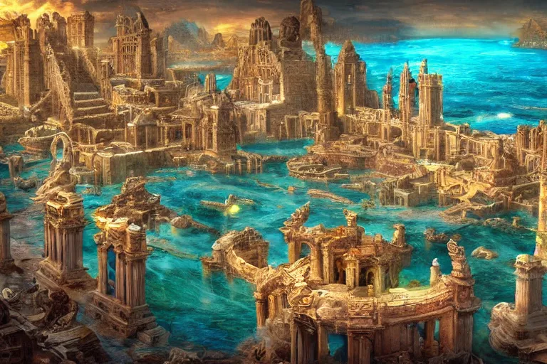 Prompt: the ancient lost city of atlantis and its inhabitants, in the style of andrea pozzo, ultra realistic, atmosphere glow, detailed intricate, colorful, cinematic lighting, unreal engine, god lighting