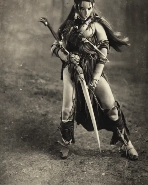 Prompt: female half orc with brown hair, melee weapons, dnd, leather clothing, photo by gertrude kasebier