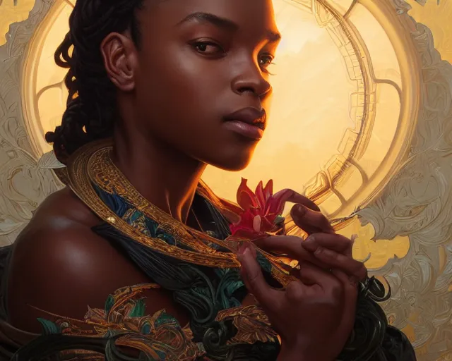 Image similar to photography of kehinde wiley, deep focus, d & d, fantasy, intricate, elegant, highly detailed, digital painting, artstation, concept art, matte, sharp focus, illustration, hearthstone, art by artgerm and greg rutkowski and alphonse mucha