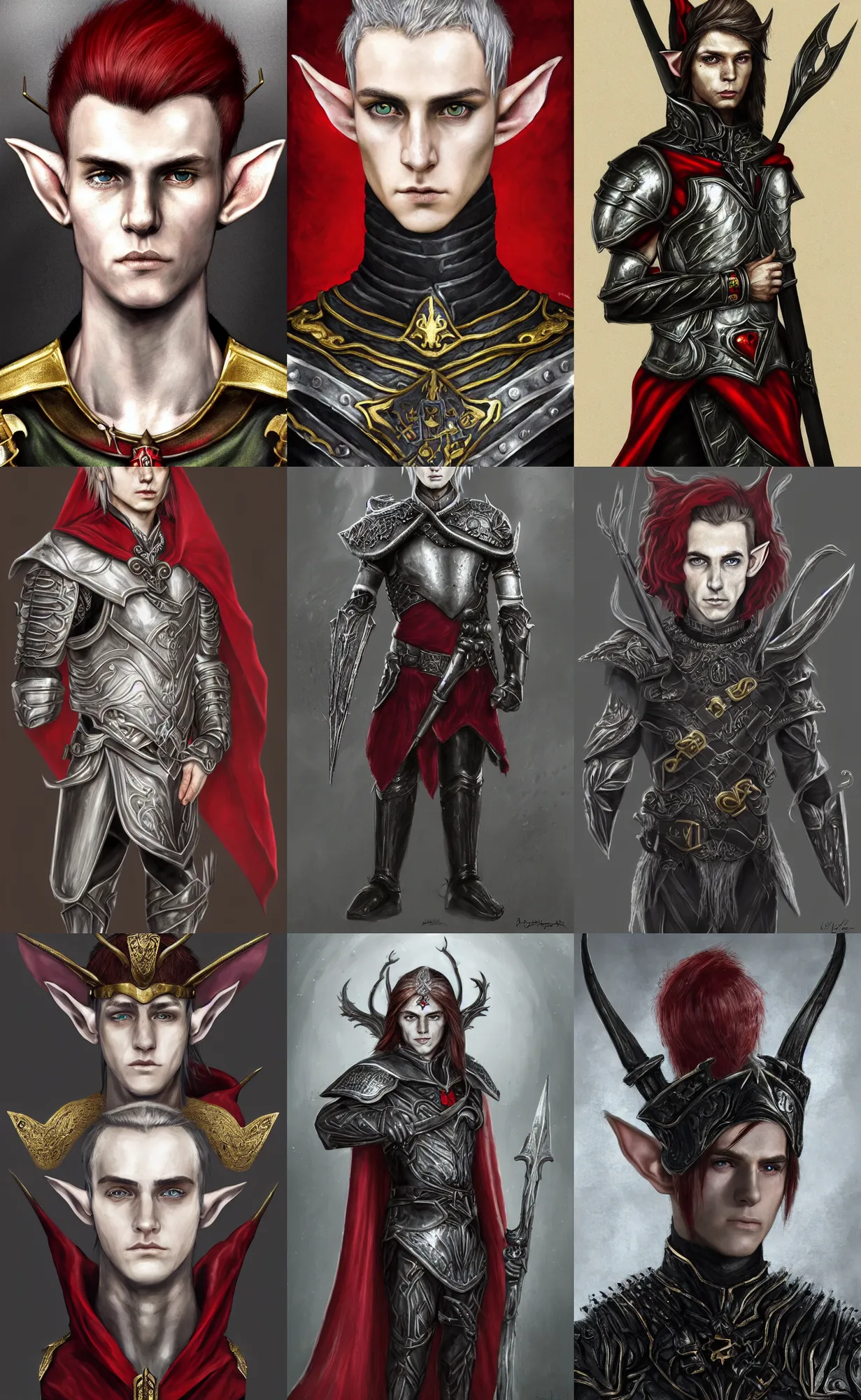 Prompt: A portrait of an elf, he is about 20 years old | short, silver hair | red, piercing eyes | lean and muscular, attractive, military composure, royalty, smug look | he is wearing a black metal tiara, black heavy armor with gold plating, and a red cape | highly detailed portrait, digital painting, concept art, illustration, smooth, sharp focus, ArtStation, ArtStation HQ