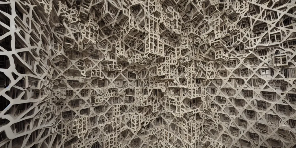 Image similar to endless menger sponge megastructure, realistic lighting, detailed photo, sharp focus, hd