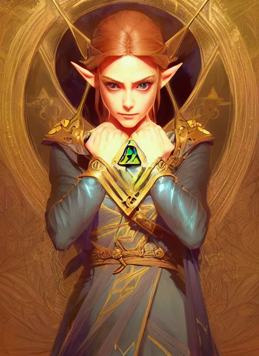 Image similar to zelda with triforce, fantasy, intricate, elegant, highly detailed, digital painting, artstation, concept art, wallpaper, smooth, sharp focus, illustration, art by artgerm and greg rutkowski and alphonse mucha