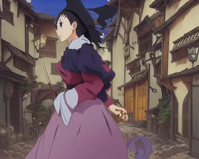 Image similar to ( majo no tabitabi ), key anime visual portrait of a young female witch walking through a busy medieval village, dynamic pose, dynamic perspective, cinematic, dramatic lighting, detailed silhouette, anime proportions, alphonse mucha, perfect anime, yoh yoshinari, ( yuki urushibara )