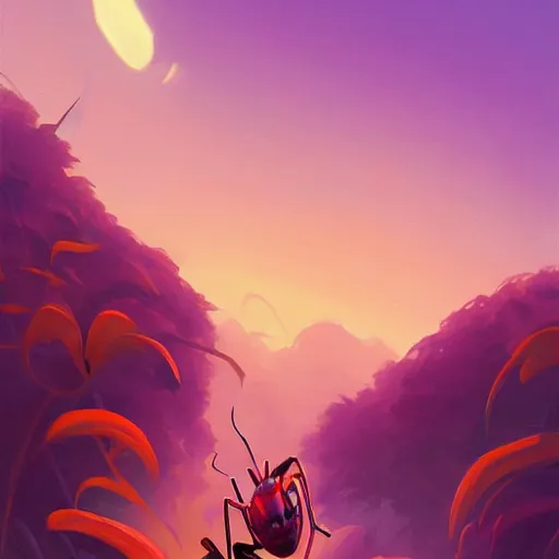 Image similar to portrait of an ant face, jungle background, purple sky, behance hd artstation by jesper ejsing by rhads, makoto shinkai and lois van baarle, ilya kuvshinov, ossdraws