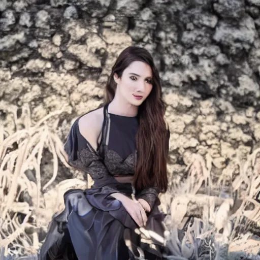 Prompt: a beautiful woman with long brown hair and a dark blue silk dress sitting in a wheat field