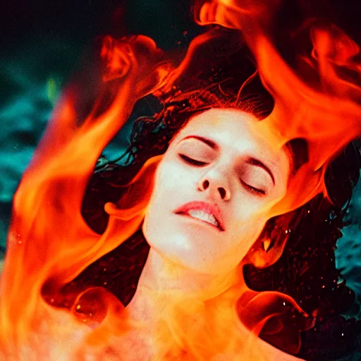 Prompt: woman covered in fire flames, underwater, 35mm film