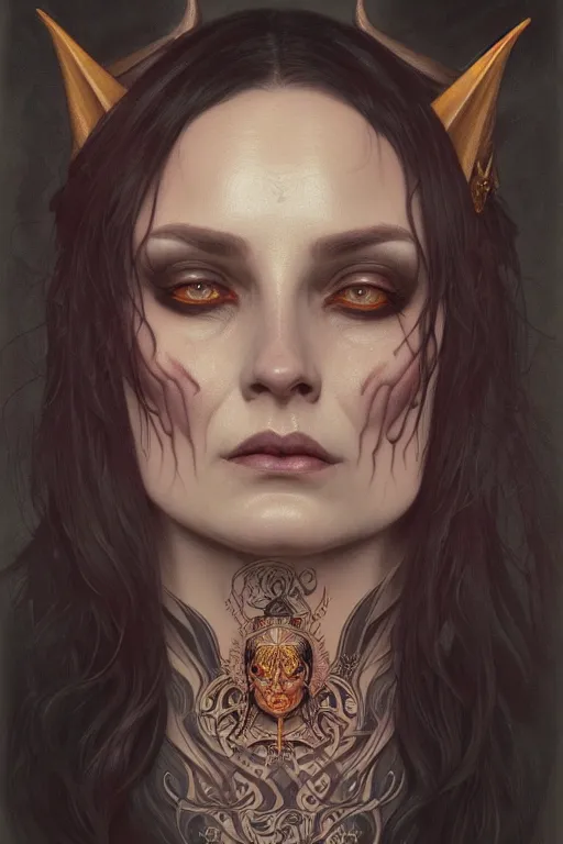 Image similar to portrait of a satanic witch, tattooed face, upper body, decorated, intricate, elegant, highly detailed, digital painting, artstation, concept art, smooth, sharp focus, illustration, art by artgerm and greg rutkowski and alphonse mucha, 8 k