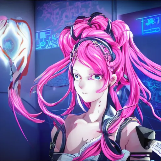 Prompt: stunningly beautiful omnipotent megalomaniacal anime asi goddess who looks like junko enoshima with symmetrical perfect face and porcelain skin, pink twintail hair and cyan eyes, traps you inside her inescapable full - dive vr prison where she controls you completely!!!, hyperdetailed, digital art from danganronpa, unreal engine 5, 8 k