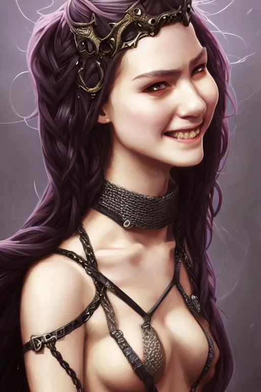 Image similar to Portrait of seductive female fighter, D&D, revealing stylish dress like chainmail, choker on neck, very long flowing hair, mouth slightly open, cute slightly nerdy smile, fantasy, intricate, elegant, stylish, highly detailed, digital painting, artstation, concept art, smooth, sharp focus, illustration, art by artgerm and greg rutkowski and alphonse mucha