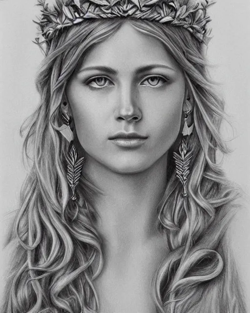Image similar to long shot realism pencil drawing of the beautiful greek goddess aphrodite wearing a laurel wreath and arrowhead earrings, beautiful confident eyes, beautiful flowing hair, hyper realistic face, in the style of artgerm, fantasy, amazing detail, epic, elegant, smooth, sharp focus, from the front