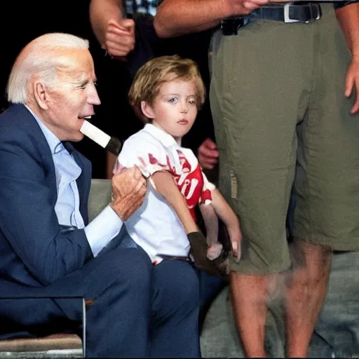 Image similar to a candid photo of joe biden smoking crack cocaine with his son.