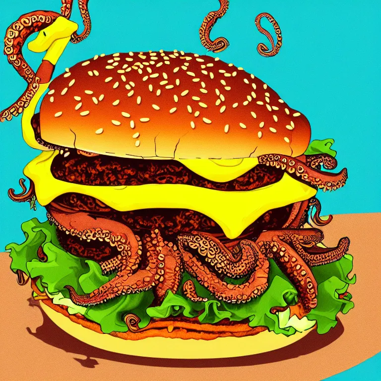 Image similar to illustration of a an octopus inside a cheeseburger, highly detailed, 8 k, vintage, screen print, trending on artstation