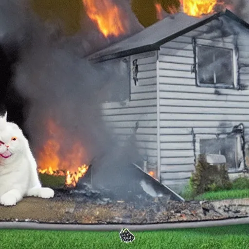 Image similar to an adorable ominous cat sitting in the yard of a two story home that is blazing on fire in the background behind the cat, real photo, evening