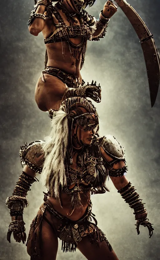 Image similar to fighting tribeswoman, destroyed Aztec jaguar armor,vertical composition, destroyed armor, inspired by monster hunter and westerns, muscular body, clean beautiful symmetrical face, subtle make up, epic,dramatic lighting, cinematic, establishing shot, extremely high detail, photorealistic, leather, cinematic lighting, artstation, octane render, western,old photo, vintage