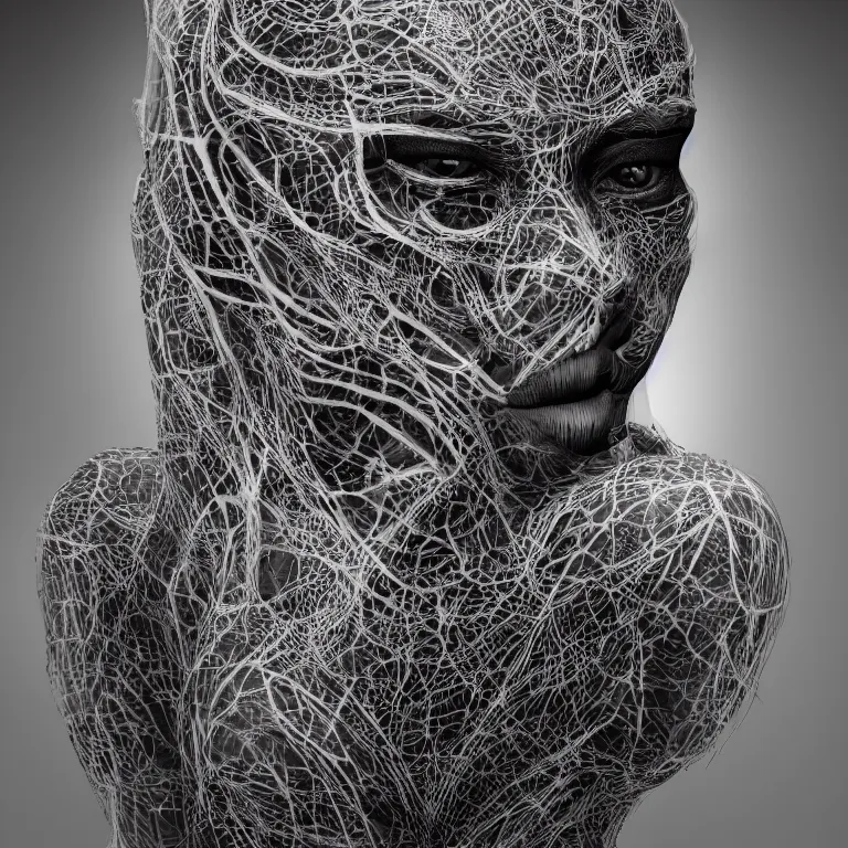 Image similar to surreal spinal ribbed tribal exotic organic face portrait of a beautiful cult member wearing occult, beautiful detailed intricate insanely detailed BW 3D render digital art, octane render, 8K artistic photography, photorealistic