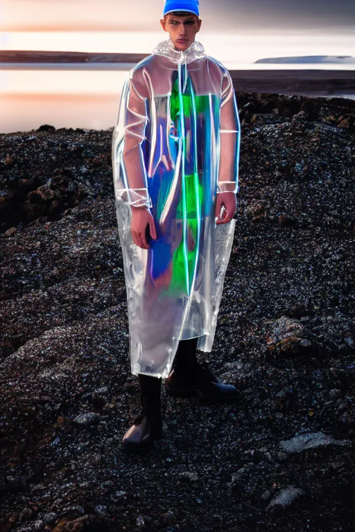 Image similar to an ultra high definition professional high fashion portrait studio full length photograph of a male model wearing a transparent pearlescent raincoat and neon visor in an icelandic black rock environment at dawn. no artefacts. extremely detailed. stark. refraction. shallow depth of field. volumetric light and shadow. ray tracing. light rays.