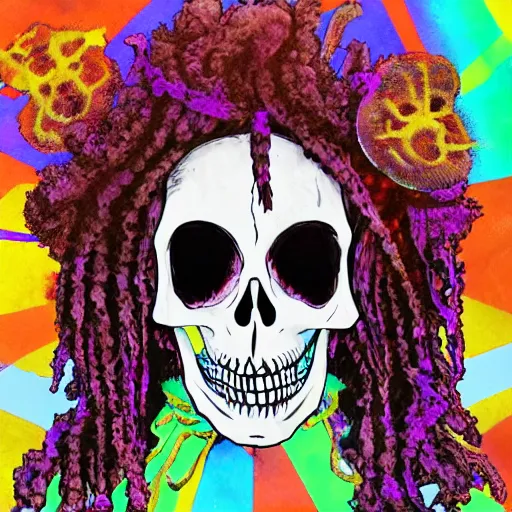 Prompt: Trippie Redd as a skeleton, floating in a psychedelic void filled with dark monsters