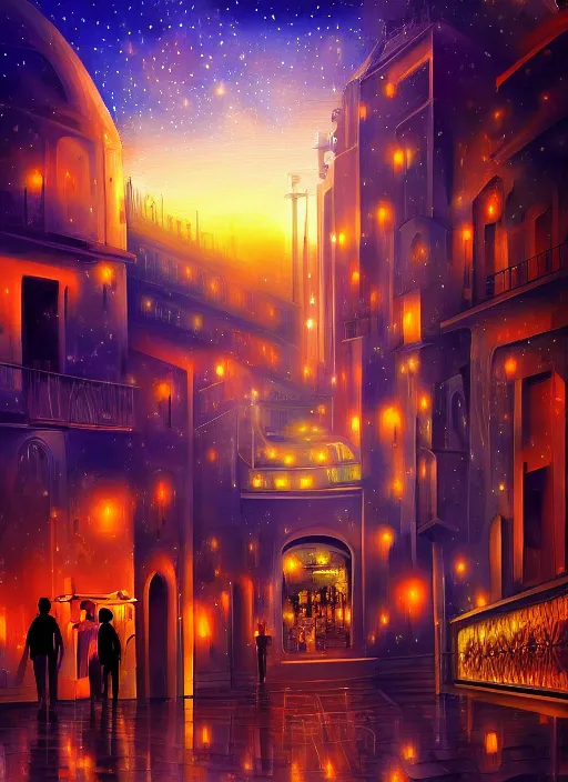 Image similar to ethereal starlit city of dreams at sunset, italian futurism, da vinci, hd, digital painting