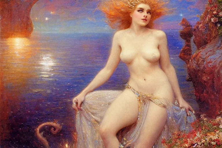 Prompt: portrait of the personification of the moon, goddess of the tides. art by gaston bussiere.