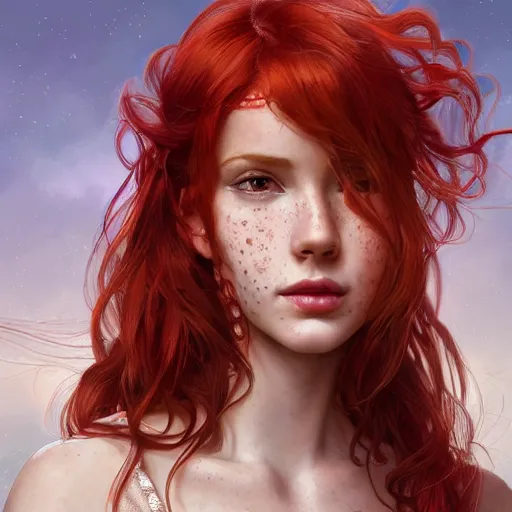 Image similar to close up portrait of a beautiful girl with red hair and freckles, happy intricate, elegant. highly detailed, digital painting, artstation, concept art, smooth, sharp, focus, illustration. background is purple, art by artgerm and greg rutkowski and alphonse mucha,