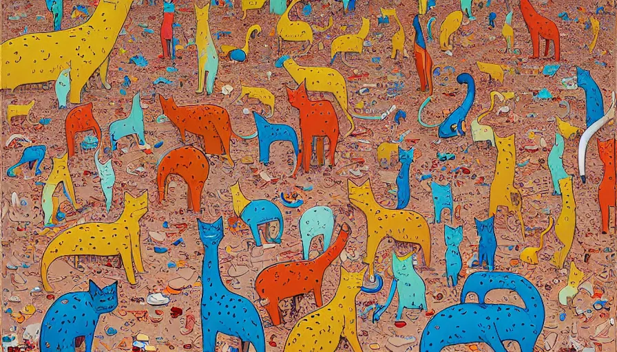 Prompt: highly detailed contemporary acrylic painting of really tall sitting cats by geof darrow, thick brush strokes and visible paint layers, vivid multicolor scheme